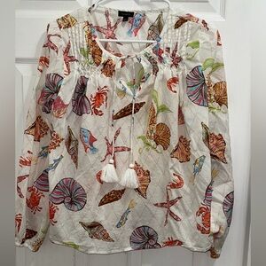 Talbot Pin Tucked Tie Front Under the Sea Peasant Blouse